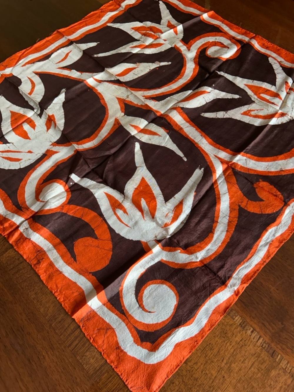 Orange Brown White Abstract Silk Scarf hand rolled and hand stitched 26“ x 26“ - Picture 3 of 8